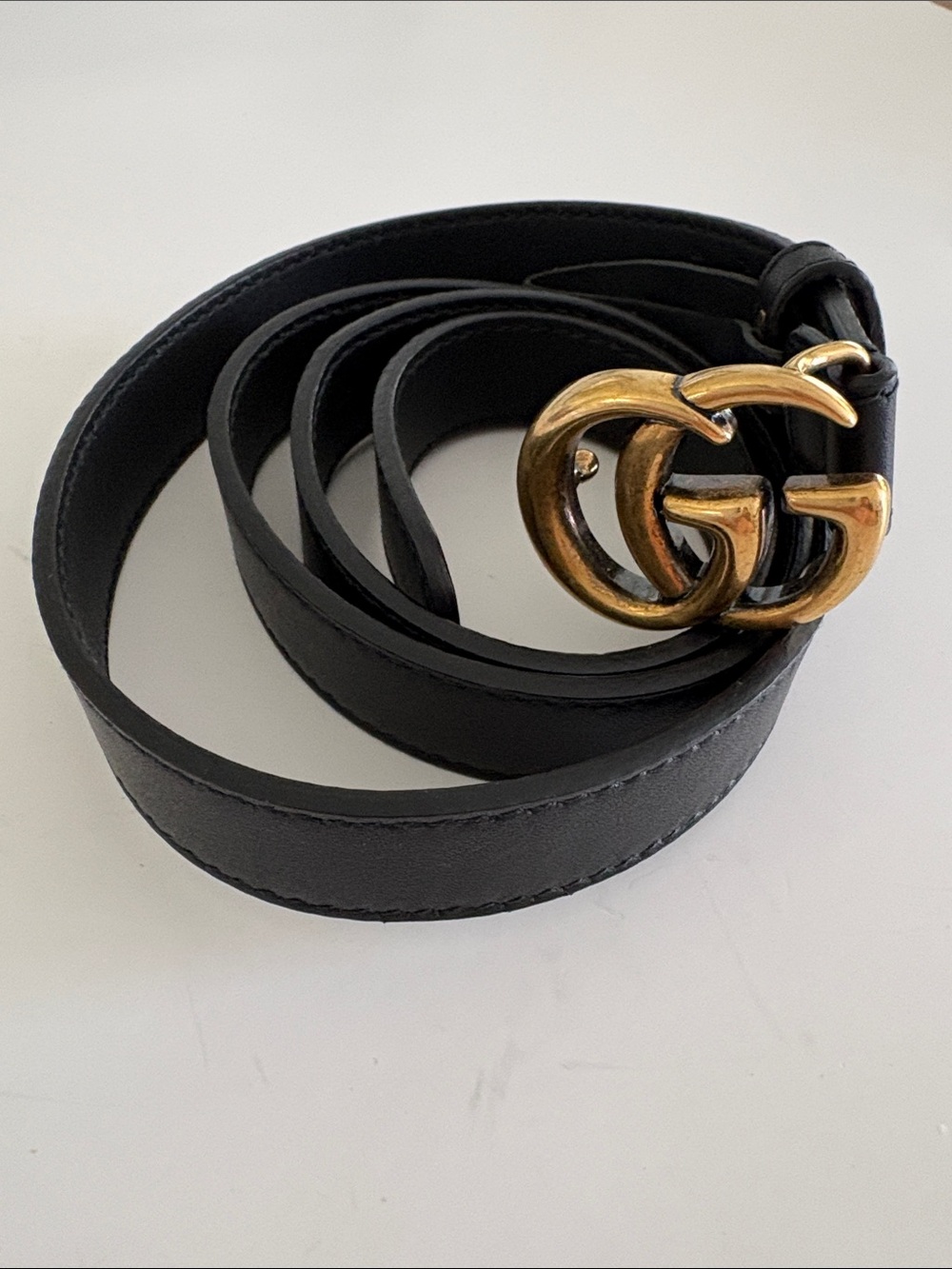 Gucci Marmont Black Leather Mini Belt with Double G Brass Buckle sz 80